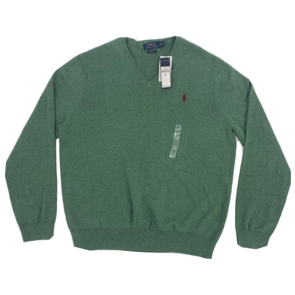 Men's Polo Ralph Lauren V-Neck Sweater Green Heather XL 100% Pima Cotton NWT